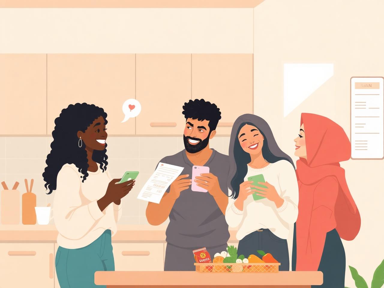 Diverse flatmates sharing a grocery receipt on their phones