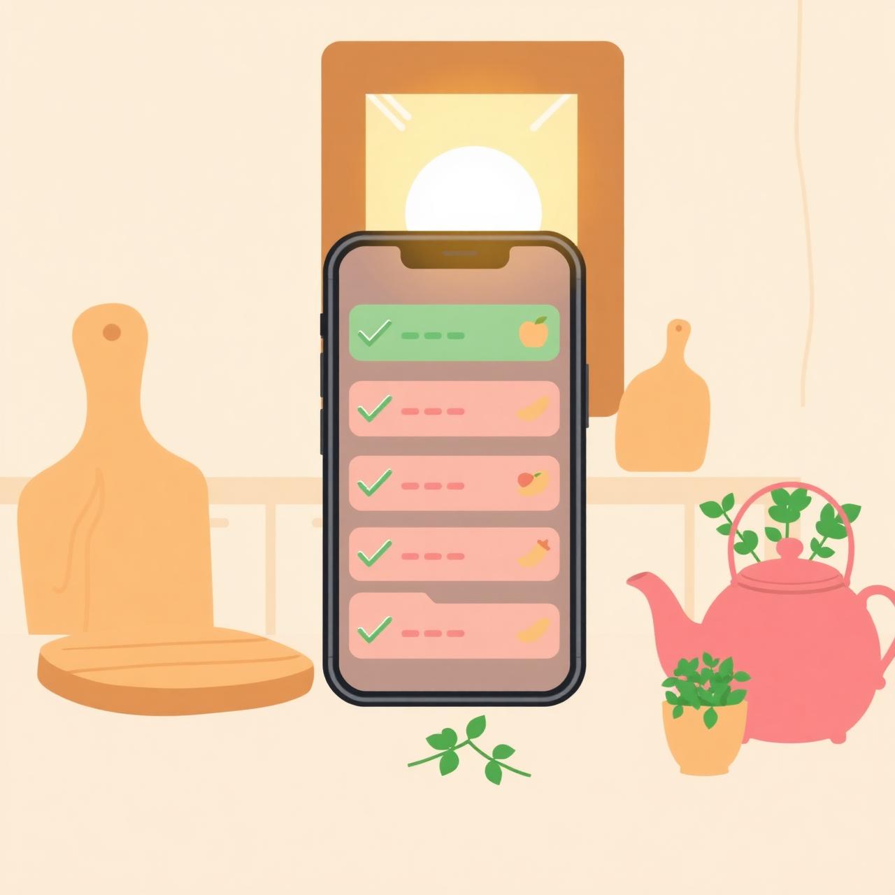A cozy kitchen scene with a phone showing a shared meal plan and grocery list